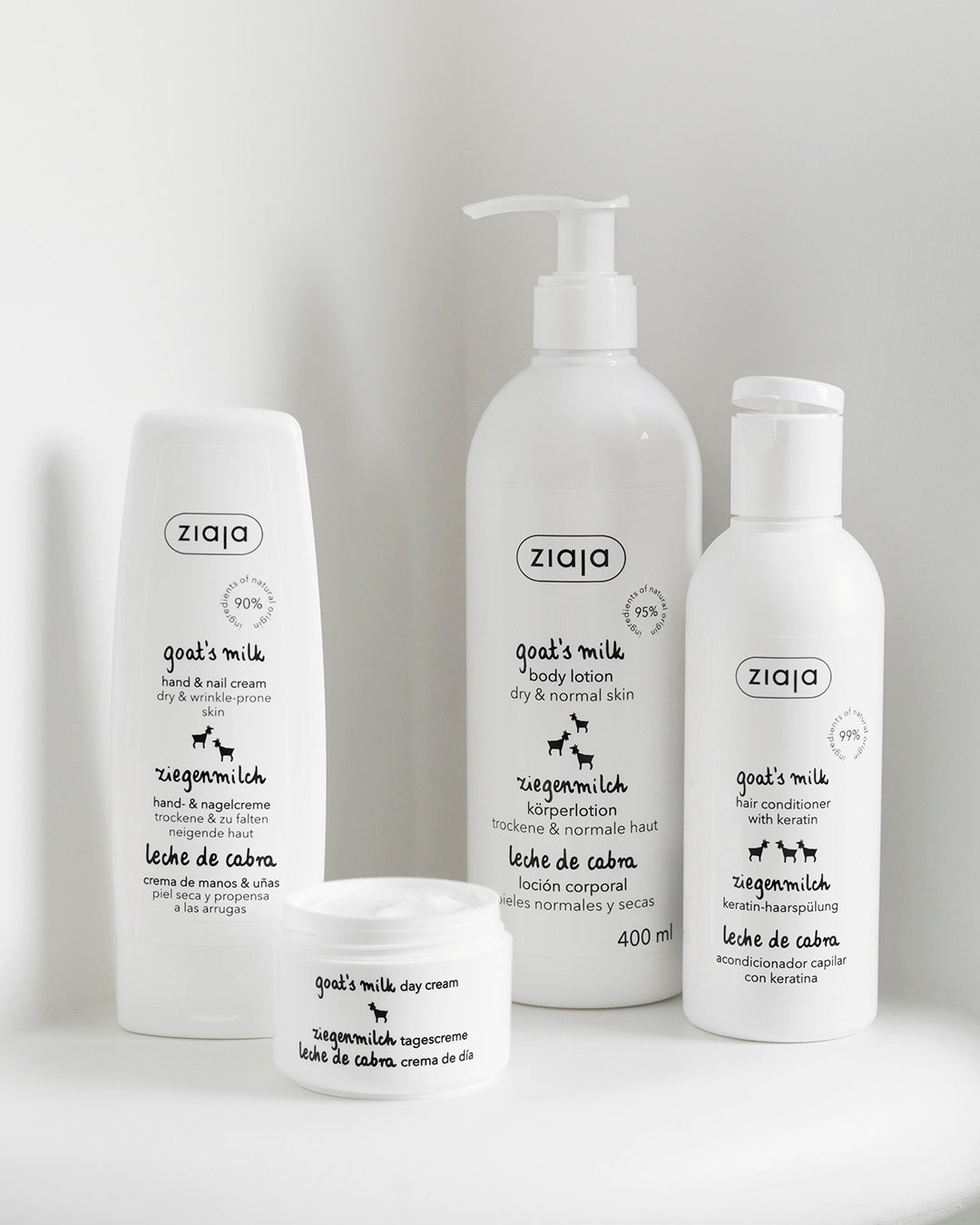 Ziaja Ziegenmilch Pflegelinie mit Bodylotion, Handcreme, Tagescreme und Conditioner – nährende Pflege für trockene und sensible Haut.